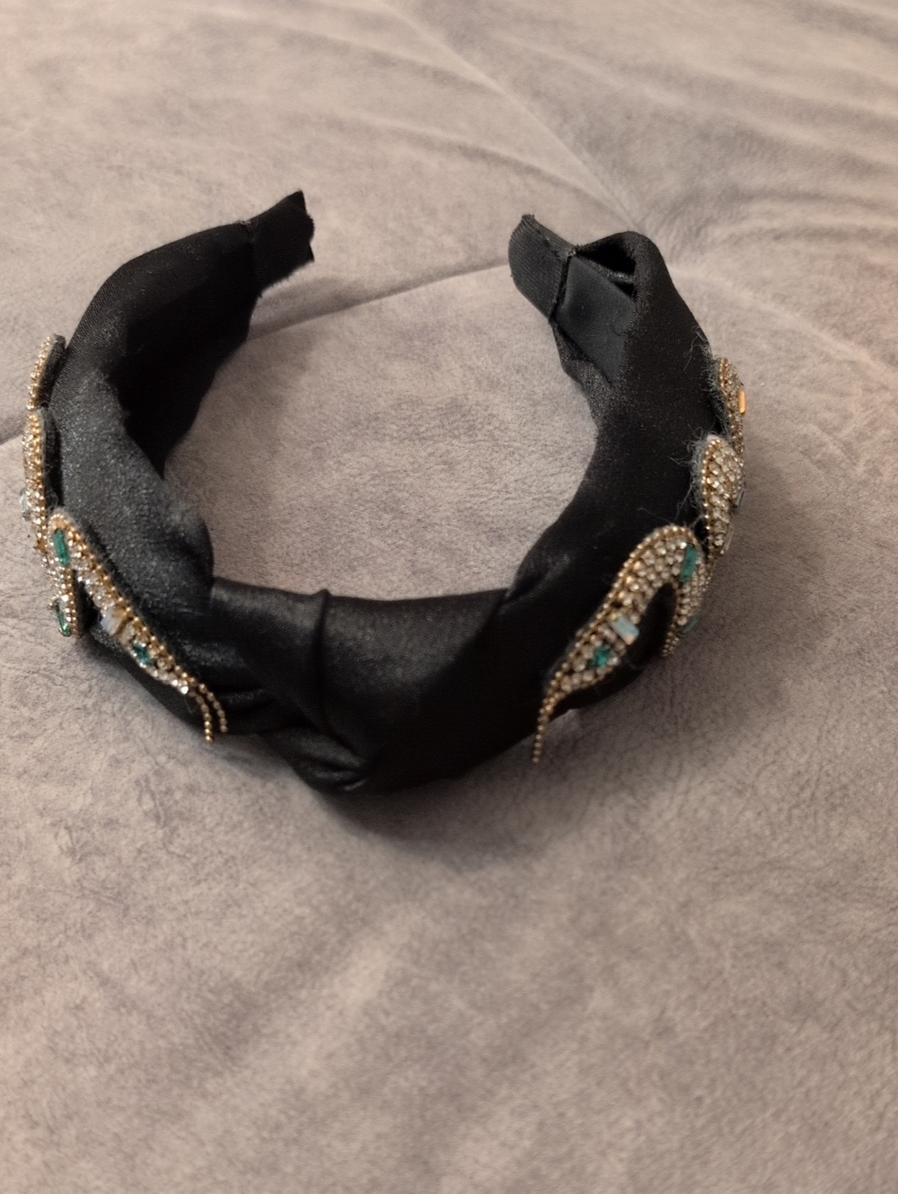 Embellished Black Satin Knot Headband with Crystal Accents